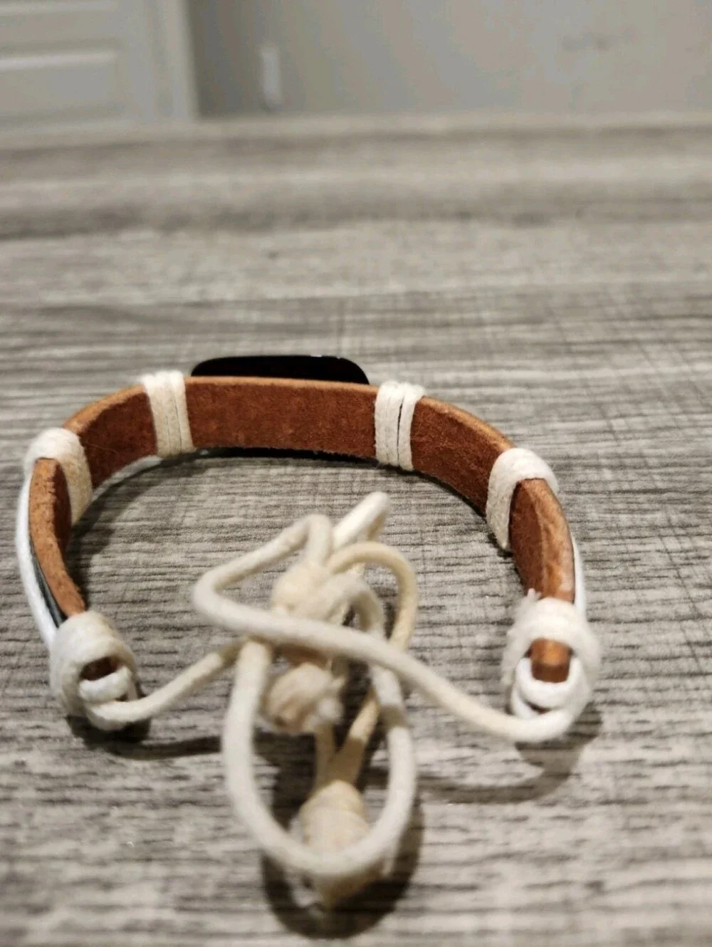 Brown And White Leather Bracelet W Black Elephant Bead And Adjustable Slide Bolo